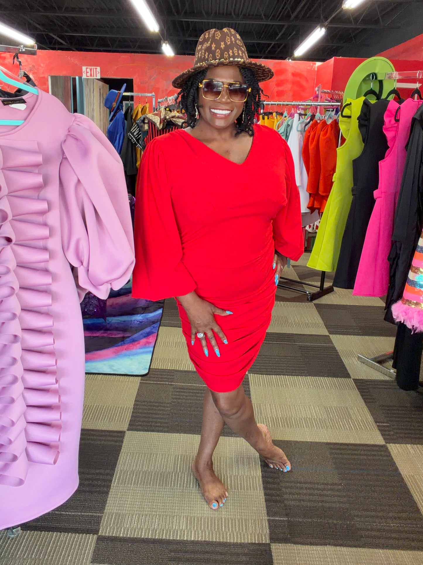 Red Balloon Sleeve Dress